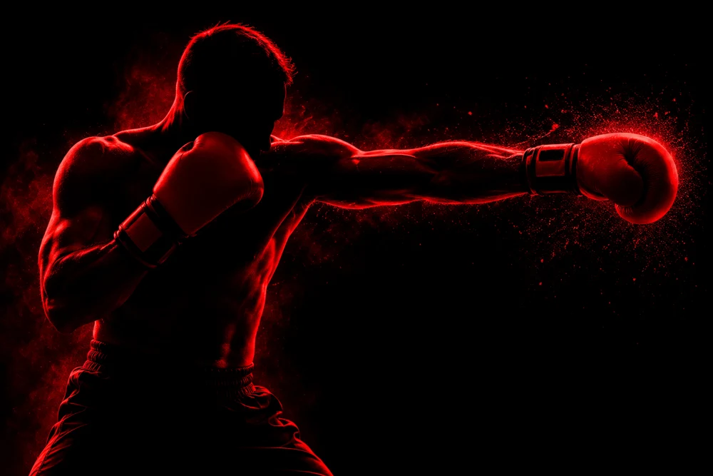 Rote Silhouette eines Kickboxers mit linkem geradem Schlag