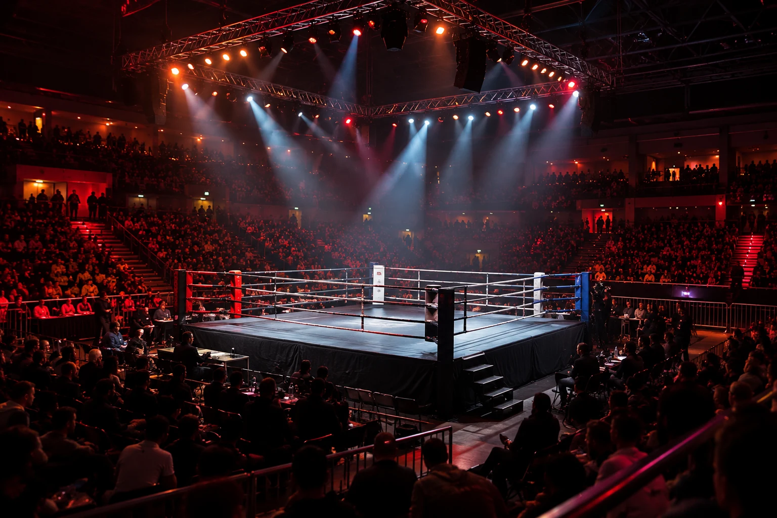 Ring in einer beleuchteten Kampfsportarena